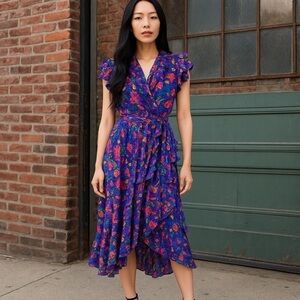 Micros Floral Midi Dress in Blue and Pink